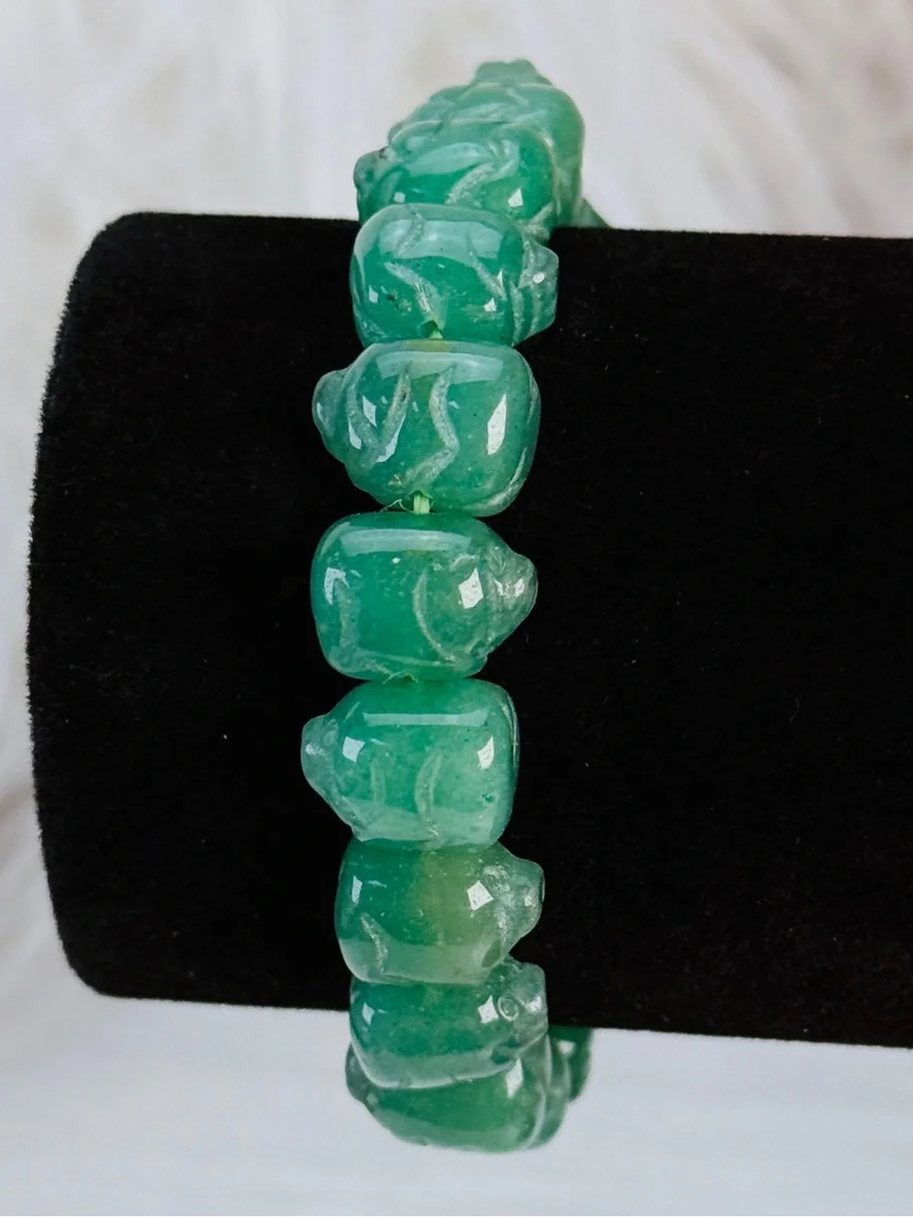 Vintage Hand Carved Green Stone Stretch Weighted  Bracelet